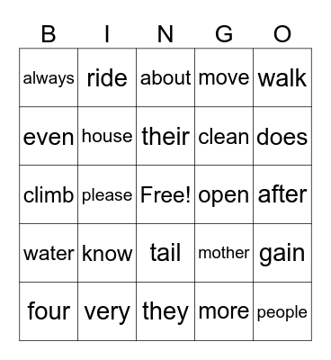 SPELL THE WORDS Bingo Card