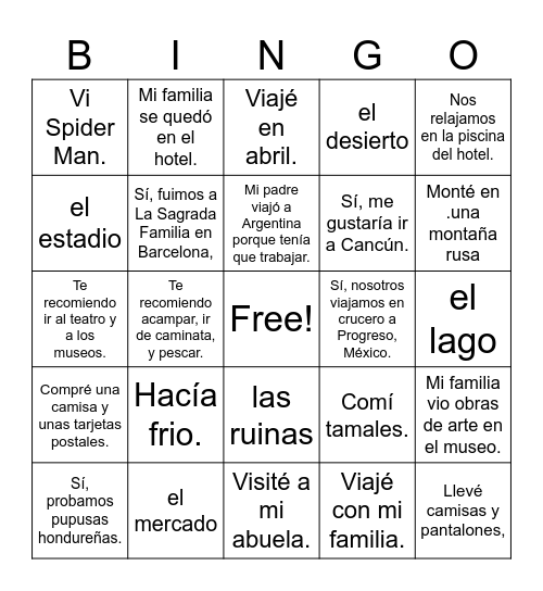 Viaje--Doerre Spanish 2 Bingo Card