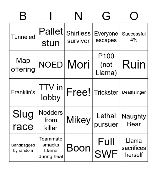 Dead By Daylight Bingo Card