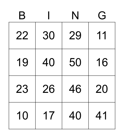 Numbers 1-50 for kids Bingo Card