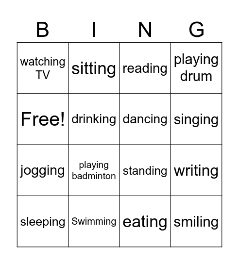 Present Continuous Bingo Card