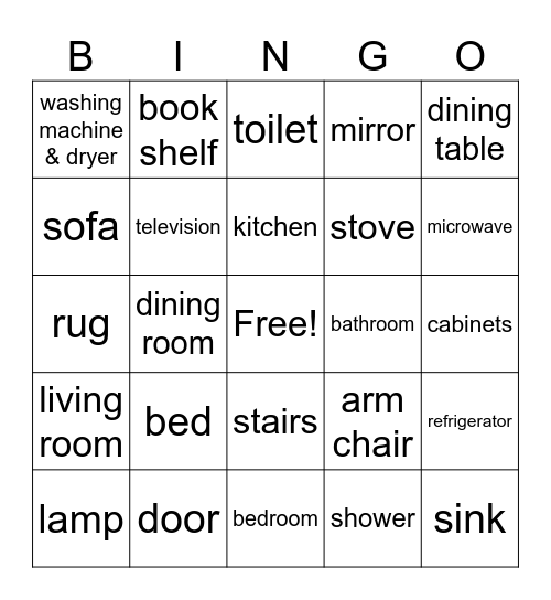 House Items Bingo Card