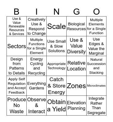 Permaculture Principles Bingo Card