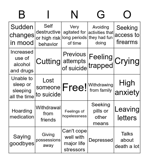 Warning signs for Suicide Bingo Card