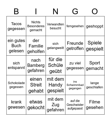 Was hast du in den Ferien gemacht? Bingo Card