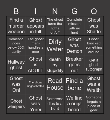 PhasmoPHOBIA Bingo Card