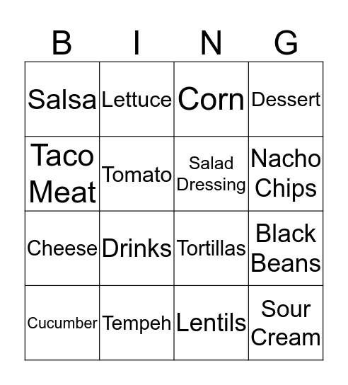 Taco Salad Bingo Card