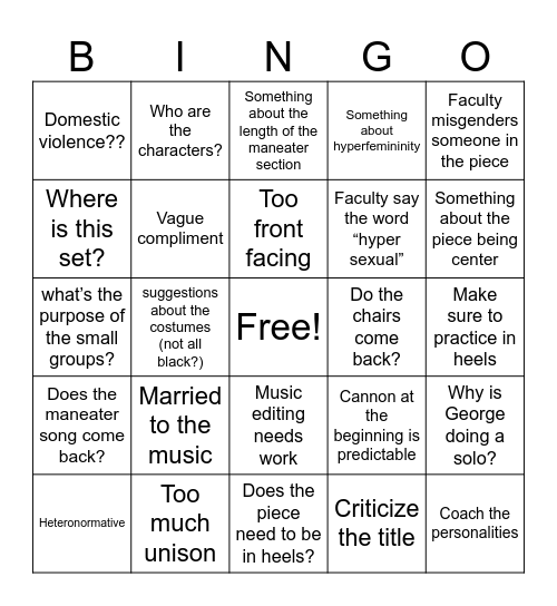 First Showing Feedback Bingo Card