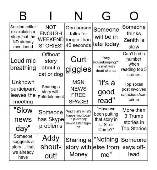 MSN News Bingo Card