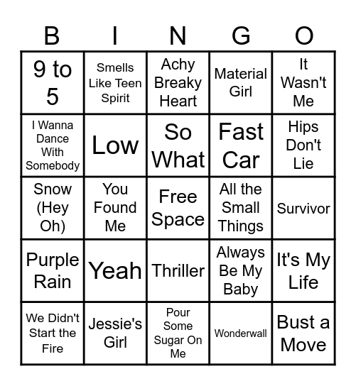 80s, 90s, and 2000s Music Bingo Card