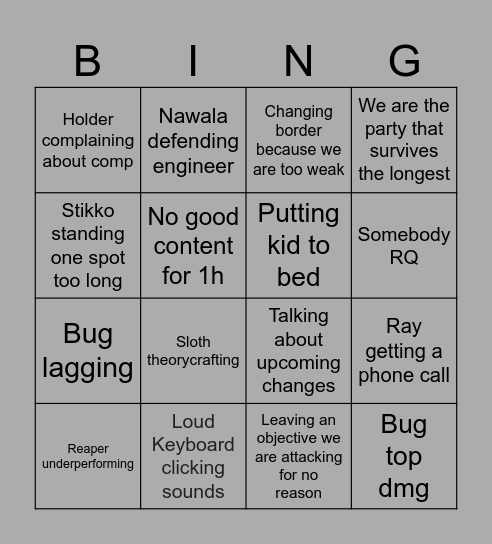 Raw Raid Bingo Card