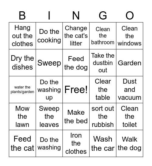 Housework Bingo Card