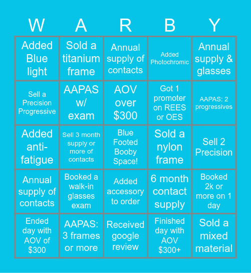 Warby Weekend Bingo Card