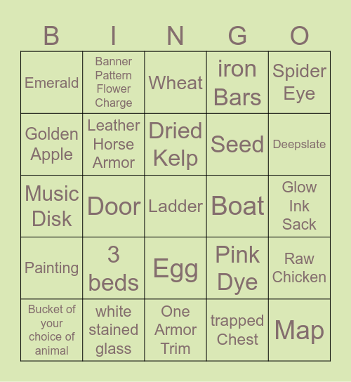 Minecraft Items Overworld Edition Bingo Card