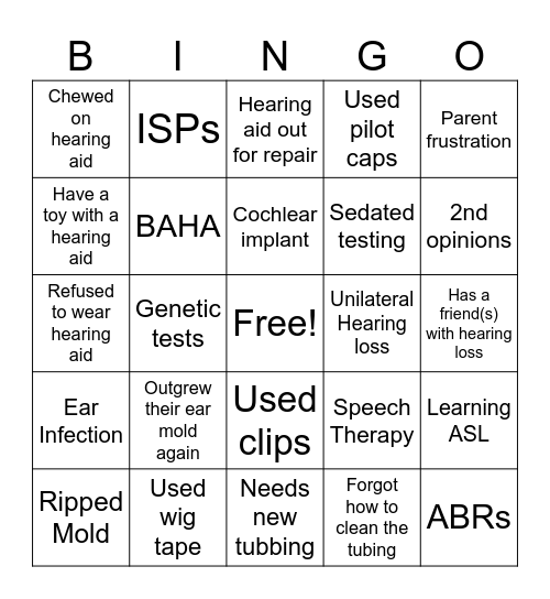 Kids with Hearing loss Bingo Card