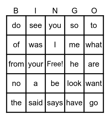 Heart Word Bingo Card