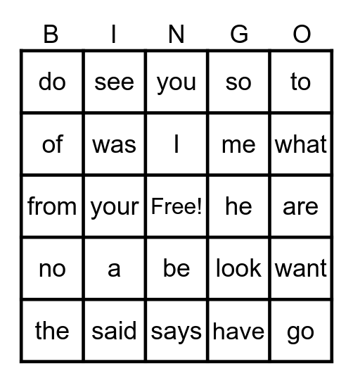 Heart Word Bingo Card