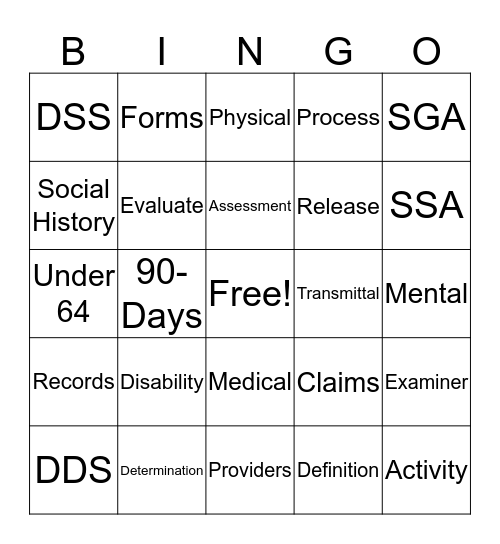 Disability Determination Bingo Card