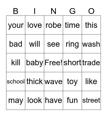 Spelling List E Bingo Card