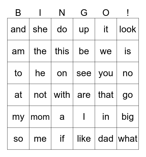 High Frequency words Bingo Card