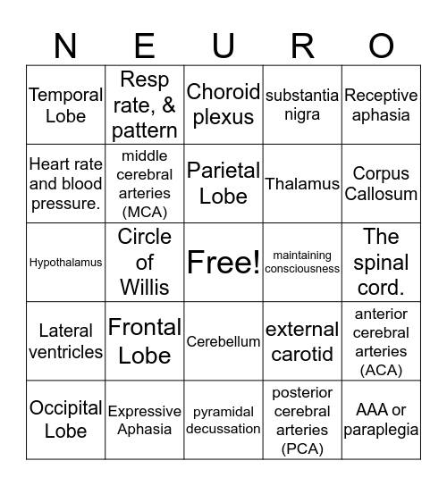 Neuro A & P Bingo Card