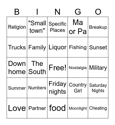 Country Song Bingo Card