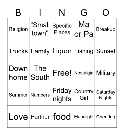 Country Song Bingo Card