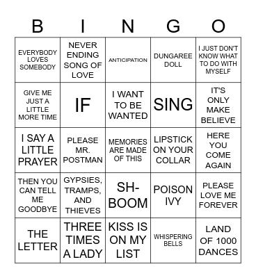MUSIC BINGO #46 - Whatever Two Bingo Card