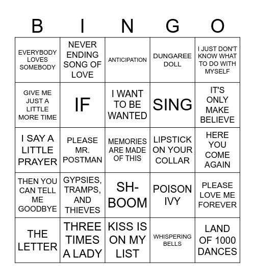 MUSIC BINGO #46 - Whatever Two Bingo Card