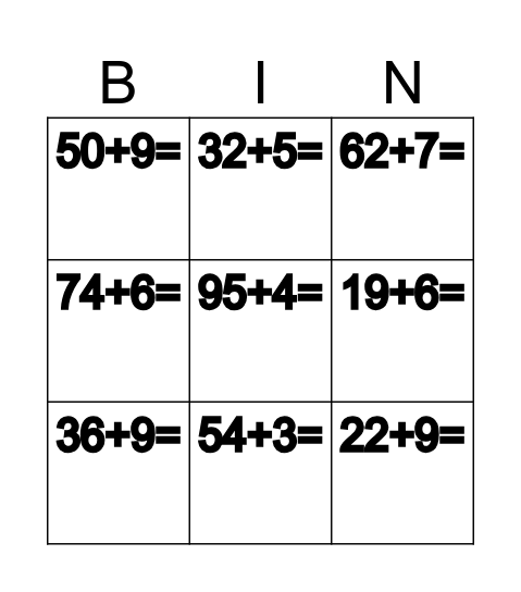 Adding with Two Digits Number Bingo Card