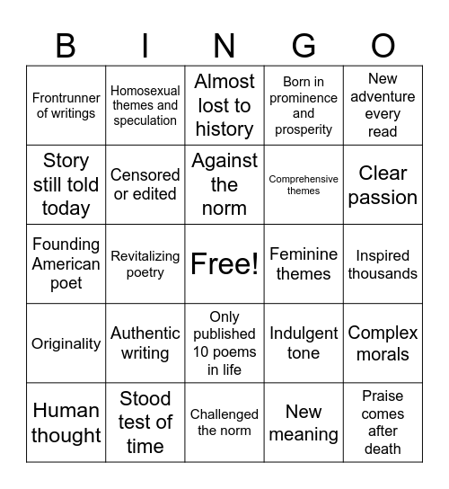 Emily Dickinson Bingo Card