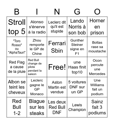 F1 2024 Bingo Card