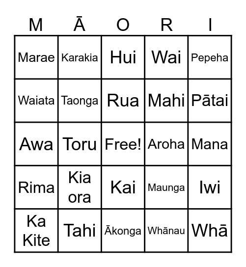 Māori Words Bingo Card