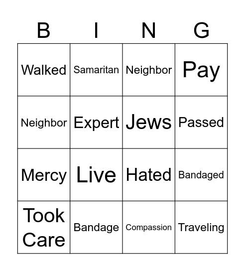 Good Samaritan Bingo Card