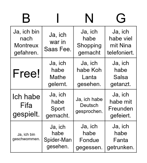 Was hast du in den Ferien gemacht? Bingo Card