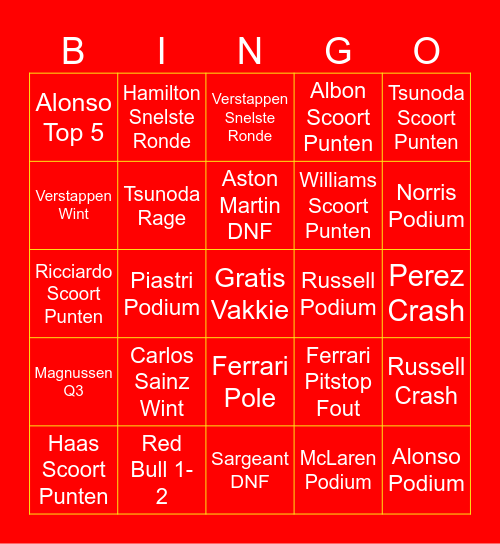 F1 Bingo Collin Bingo Card