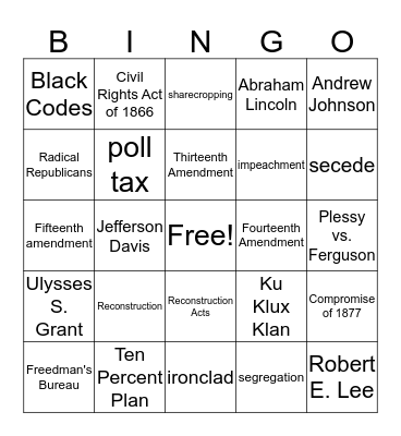 Chapter 17 - Reconstruction Bingo Card