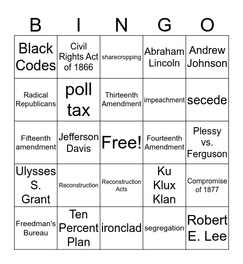 Chapter 17 - Reconstruction Bingo Card