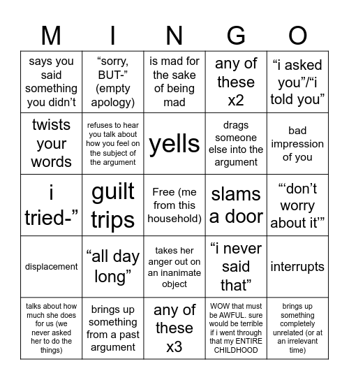 mom mad bingo Card