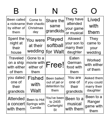 Walt & Camille Bingo Card