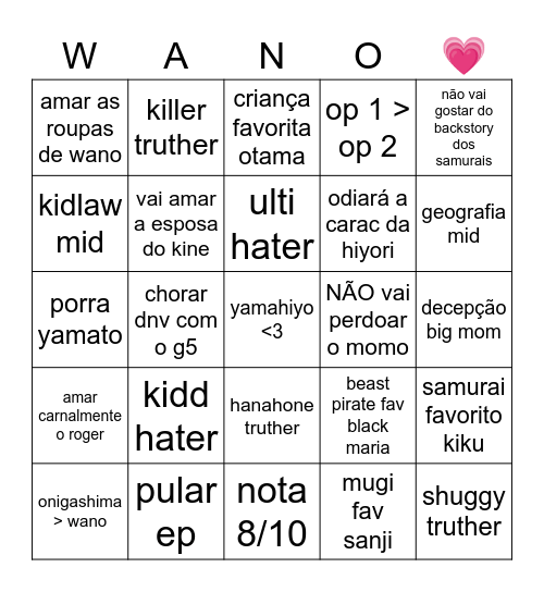 mari wano bingo Card