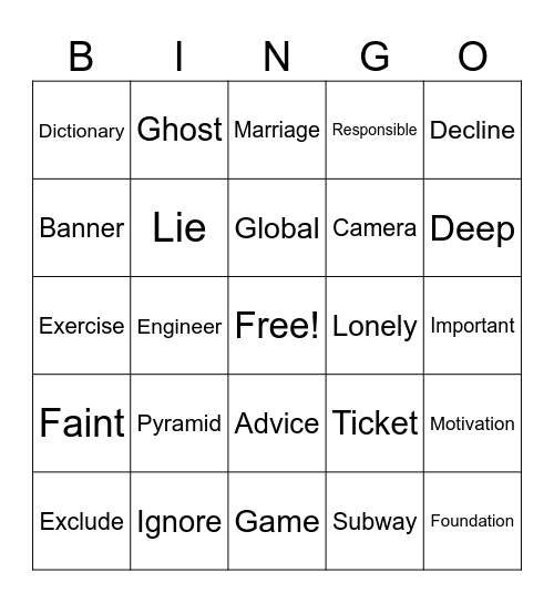 Dictionary Bingo Card