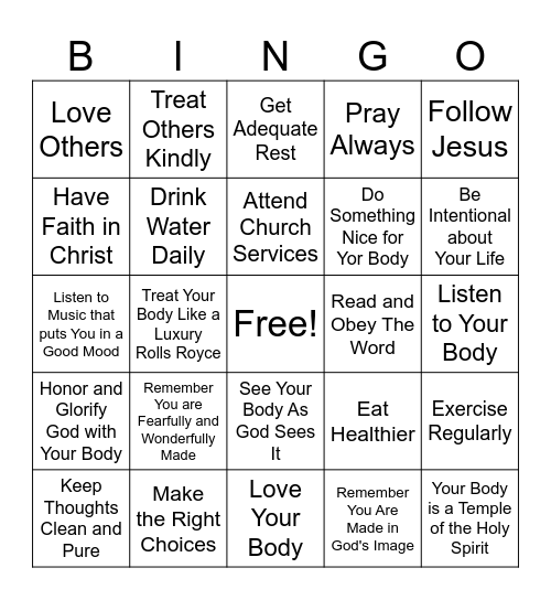 Love Your Body Bingo Card