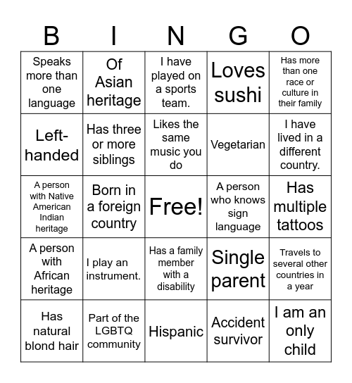 Diversity Bingo Card