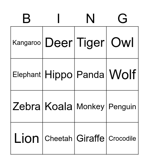 Zoo Animals Bingo Card