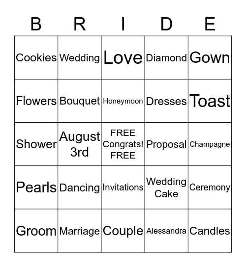 Alessandra's Bridal Shower Bingo Card