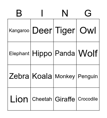 Zoo Animals Bingo Card