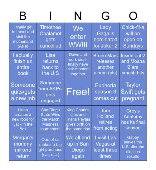 Izzy's 2024 Bingo Card Bingo Card