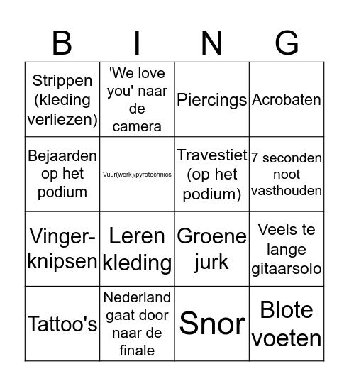 Team Gietnaad Eurovision Semi-finals Bingo Card
