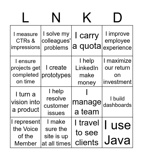 LinkedIn Career Fair Bingo Card